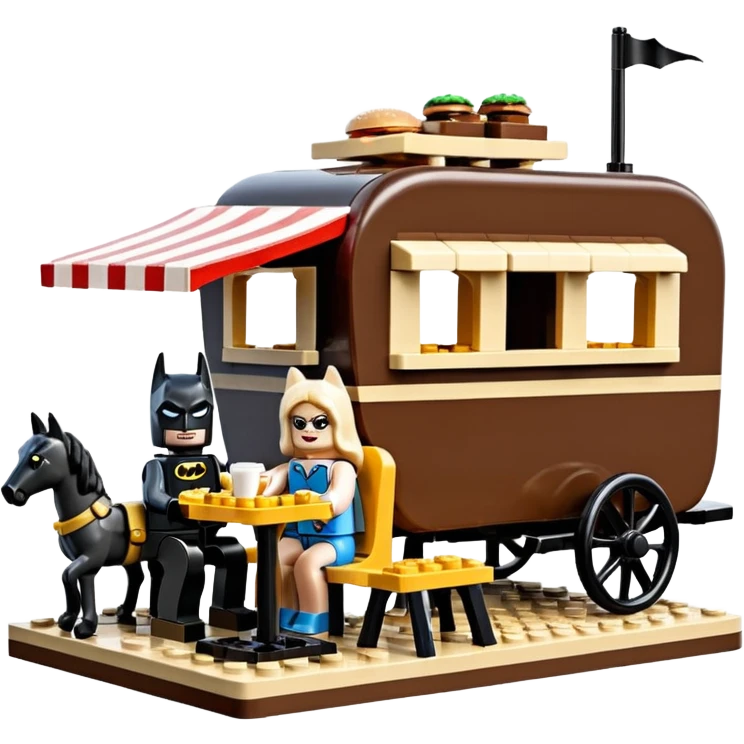  Ultra cute  Lego detailed 1854 Batman and pretty Catgirl dream horse drawn Caravan with picnic table and folding chairs alone at romantic afternoon (hot chocolate and cheeseburgers on the grill) emoji