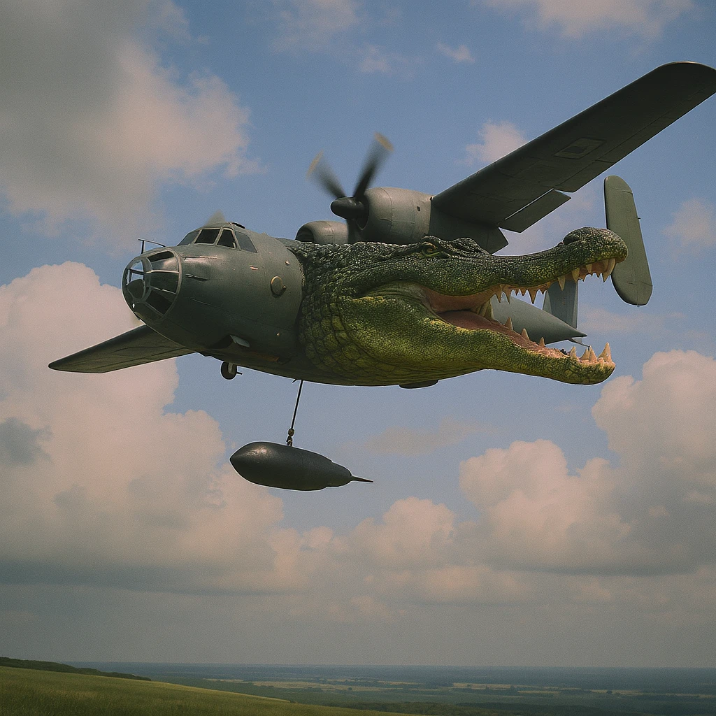 A bomber plane with a crocodile's head is flying and dropping a bomb in a surreal, edited image. emoji