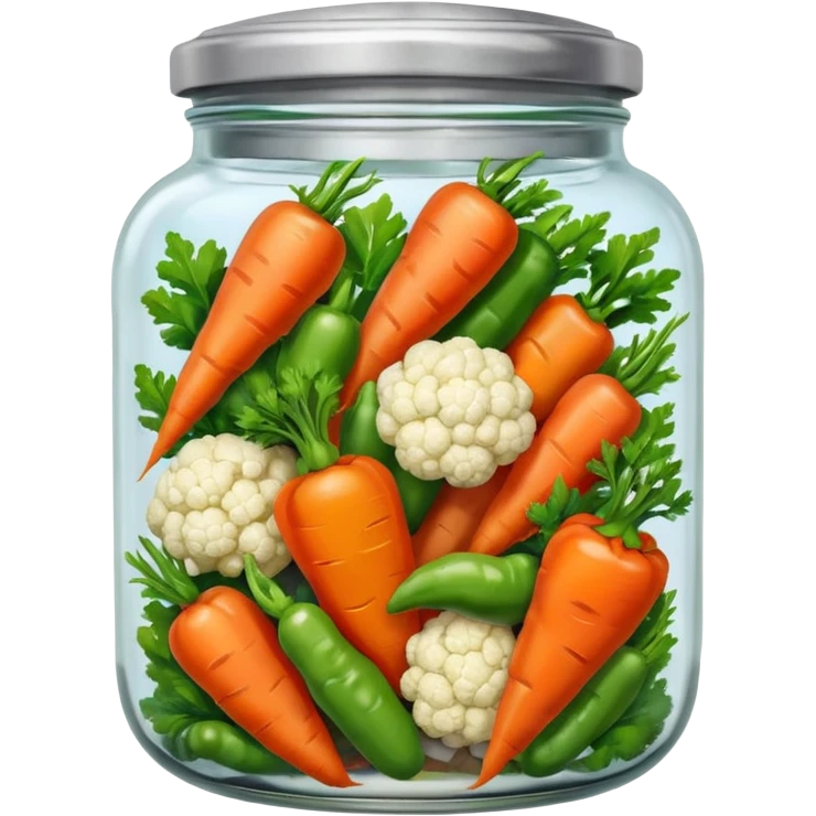 A mix jar of carrots, peppers, and cauliflower tightly sealed with a silver lid








 emoji