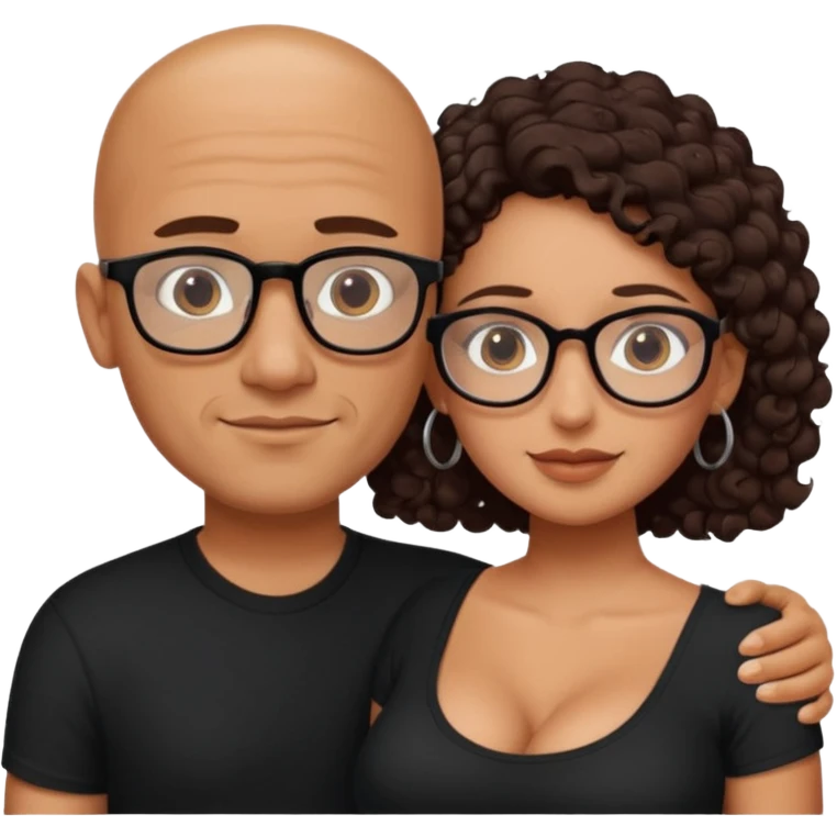 A picture of an embracing tanned couple. the man is a Mexican man with tanned skin, with a bald hair cut, short beard and wearing a black shirt. the woman is short with long curly dark brown hair and with big boobs. Put glasses on the woman only. The man doesn't have glasses. emoji