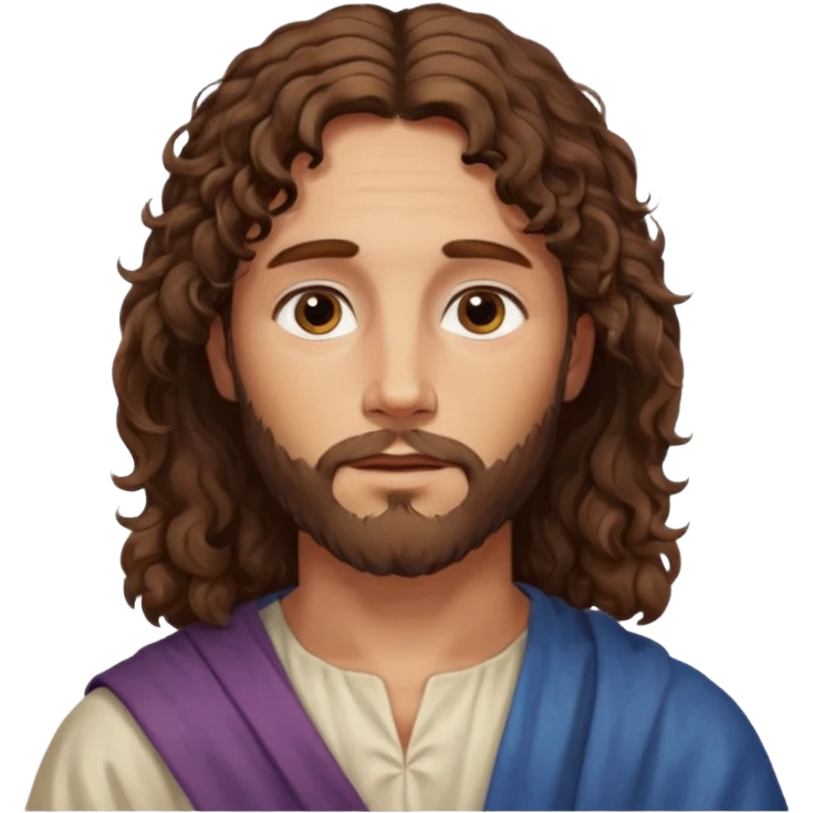 "Jesus with medium curly hair, not long, gentle expression, realistic yet soft digital painting, warm and serene colors." emoji