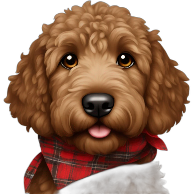 Dark brown colored golden doodle with a red and black flannel hankerchief emoji