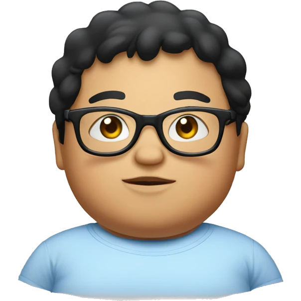 A fat kid with very short black hair and glasses and a bed in the background emoji