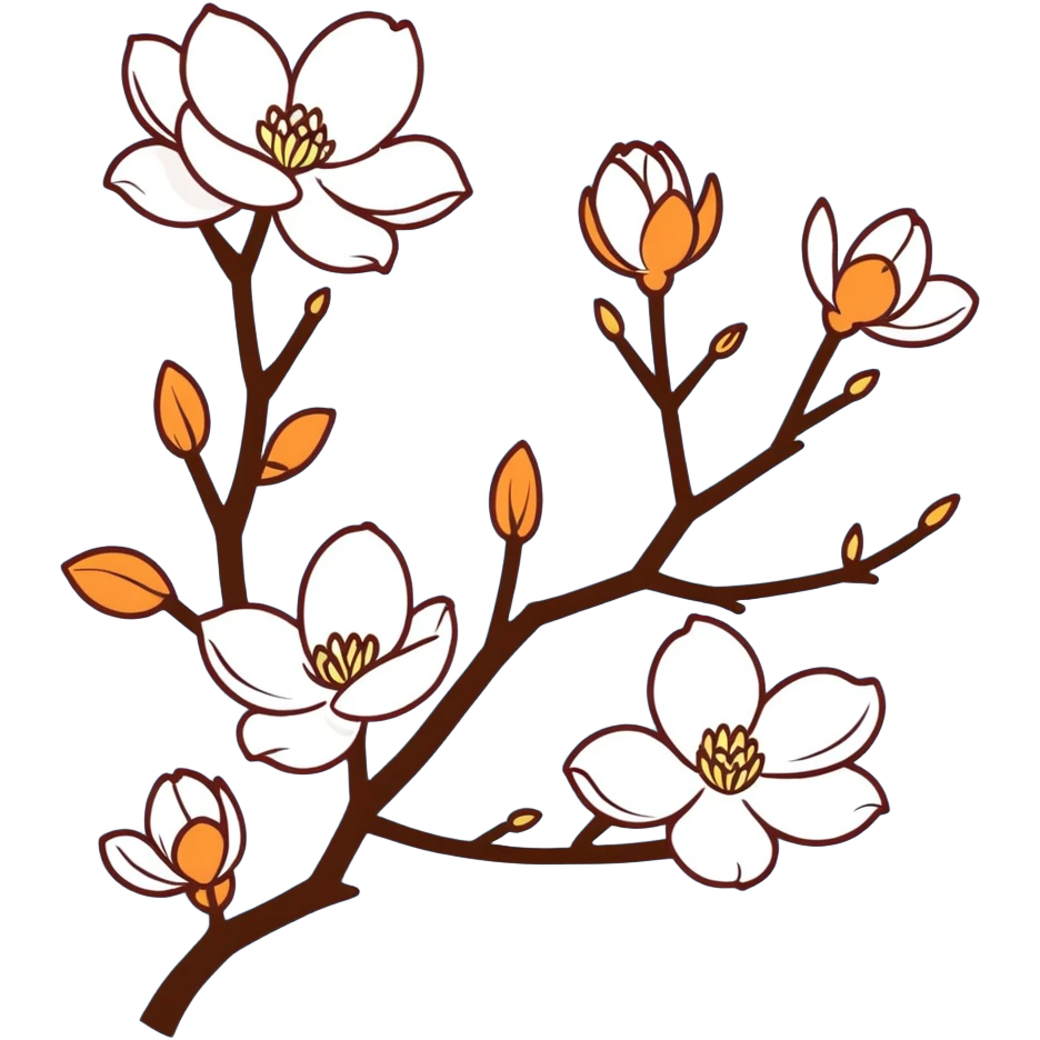 Artistic Japanese Magnolia kobus (kobushi) blossom with elegant composition reminiscent of kimono patterns, white star-shaped flowers on dark branch, gold accents, soft blue background emoji