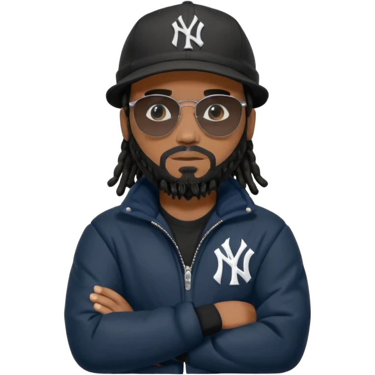 African American man with shoulder length black dreadlocks and black beard wearing black sunglasses with a New York Yankees baseball cap wearing a black bubble winter coat with arms folded emoji