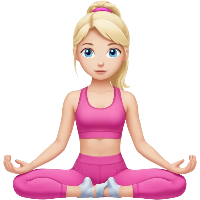 a nlode girl with blue eyes wearing a pink workout set, doing pilates emoji
