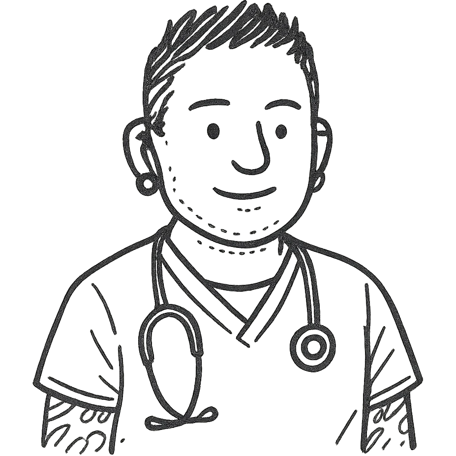 Dr. Efrén Rivera Santiago, a professional and warm doctor with neatly styled short spiked hair, wearing gray scrubs over a white undershirt. He has a calm, reassuring expression with small almond-shaped eyes and a round face. His visible arm tattoos and hook earrings add a touch of individuality. The image should reflect his kind and sharp demeanor. emoji