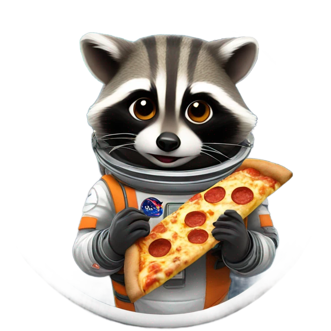 Raccoon in space suit eating pizza emoji