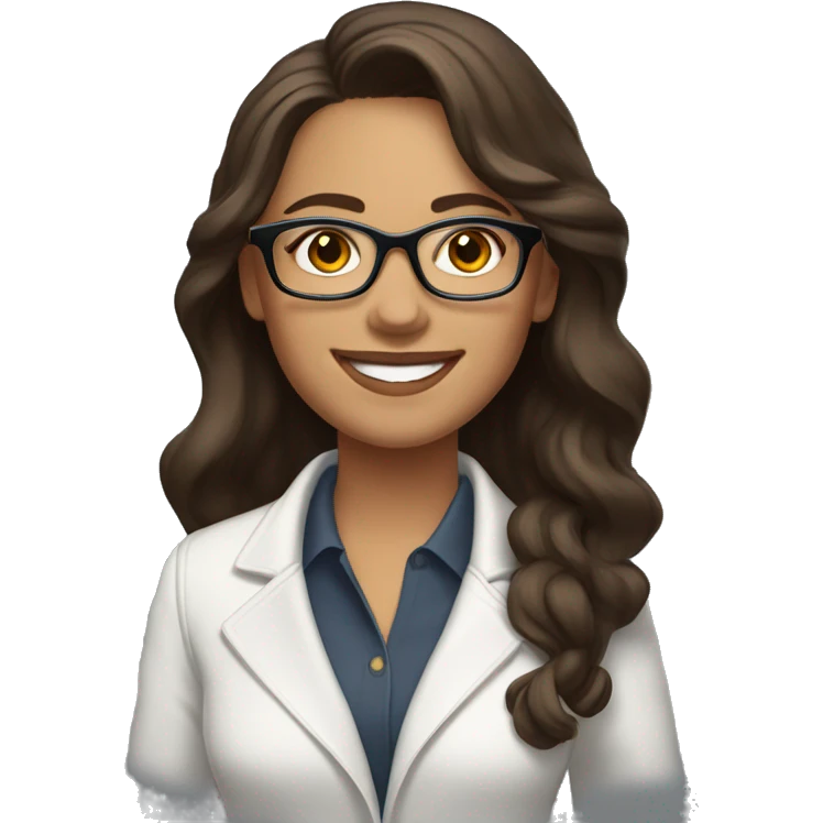Create a woman emoji with long dark brown wavy hair, fine features, white skin, brown eyes, wears prescription glasses, with a smiling and happy expression. She is dressed in a fitted white jacket. emoji