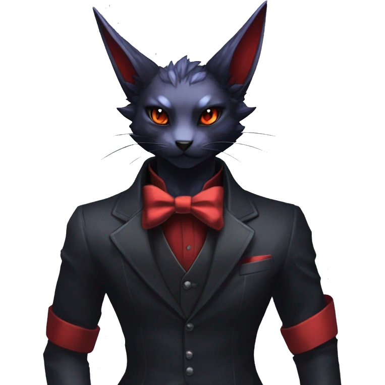 cool anthro edgy black red ethereal fantasy nargacuga-Noivern-cat-Fakemon collar harness bow tie and bracers full body emoji