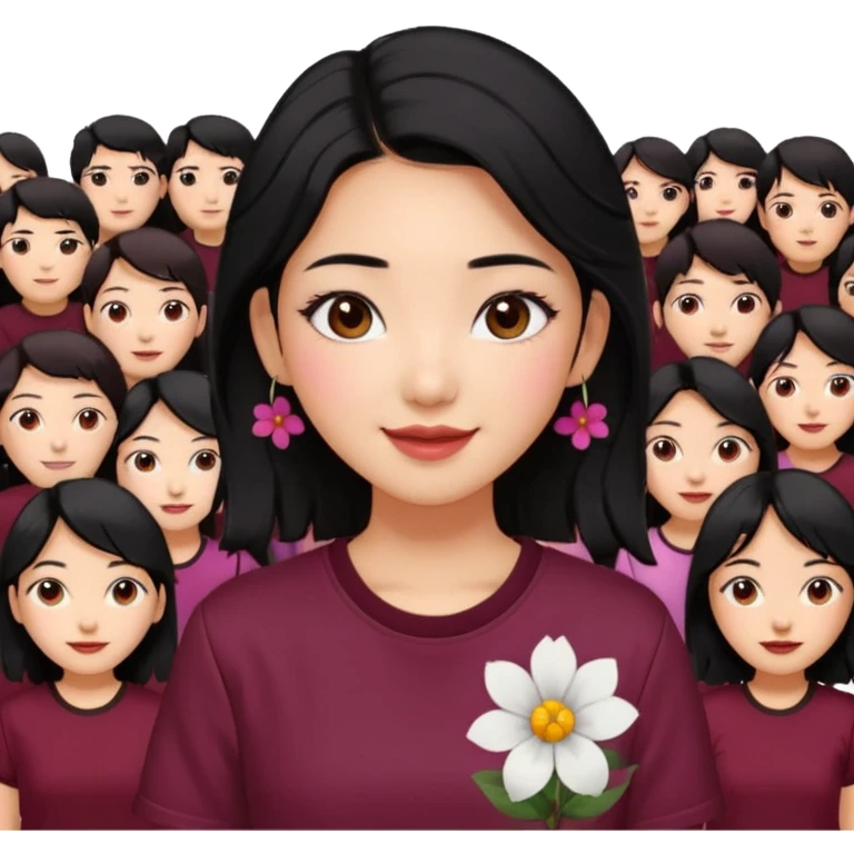 A Korean woman with messy and stylish black hair, a flower in her ear and an iconic Y2K shirt maroon and brown hazel eyes, makeup sweetie,A Style Vibe in the Crowd emoji