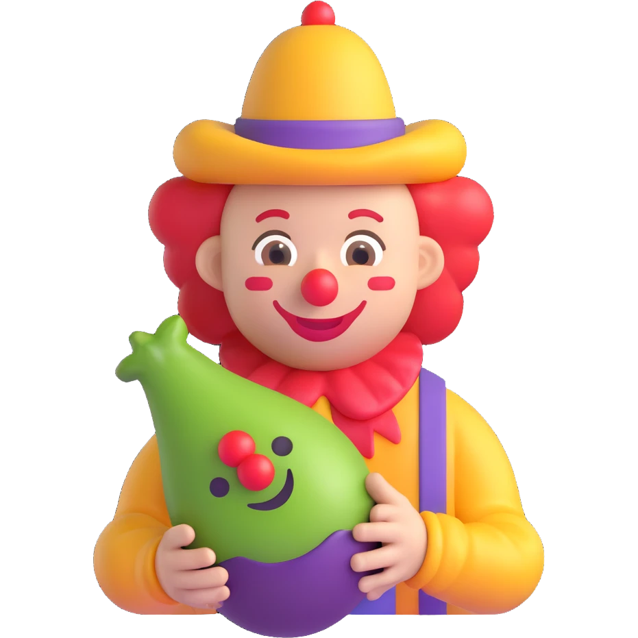 clown holding an eggplant, 3D emoji style emoji