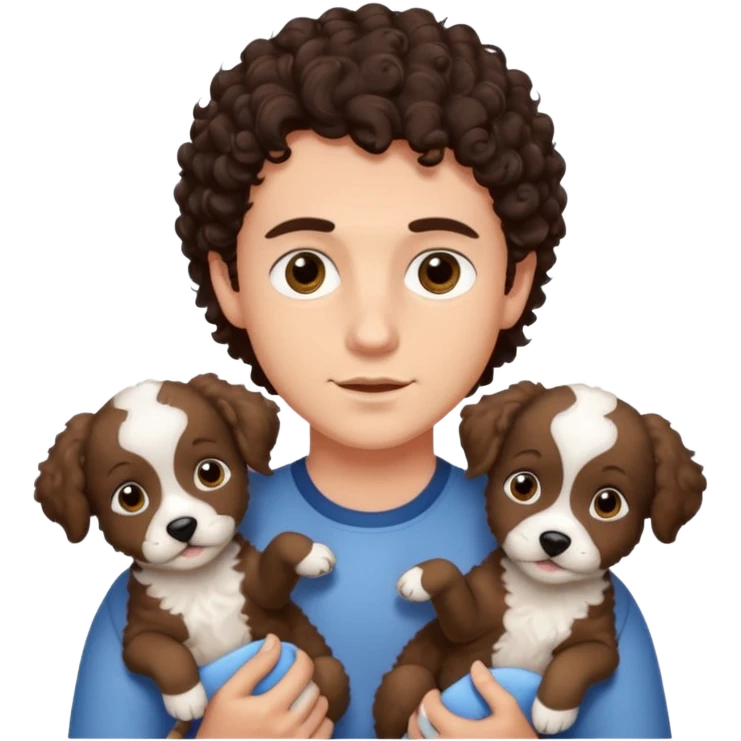 young man with dark brown curly hair, deep set eyes with two York puppies emoji