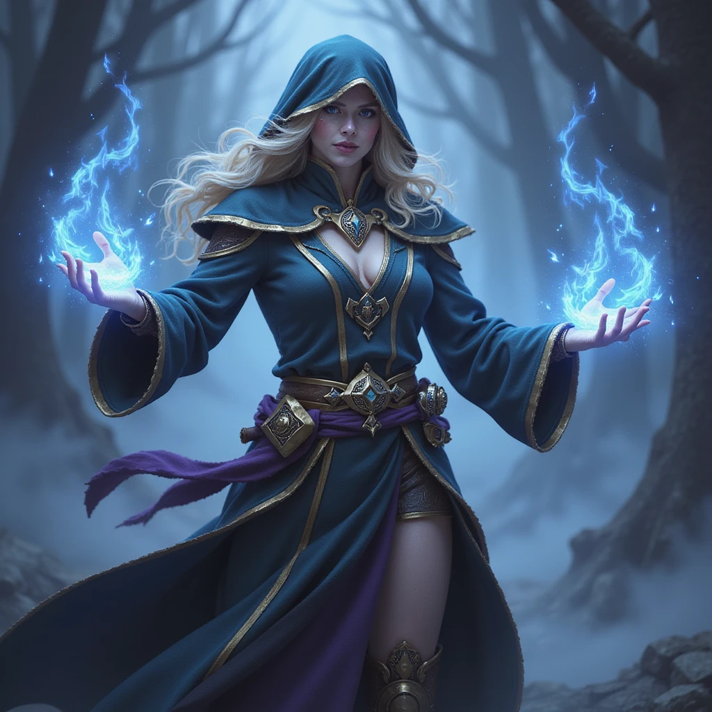 realistic fantasy style full body magical League of Legends character casting a spell, face clearly visible emoji