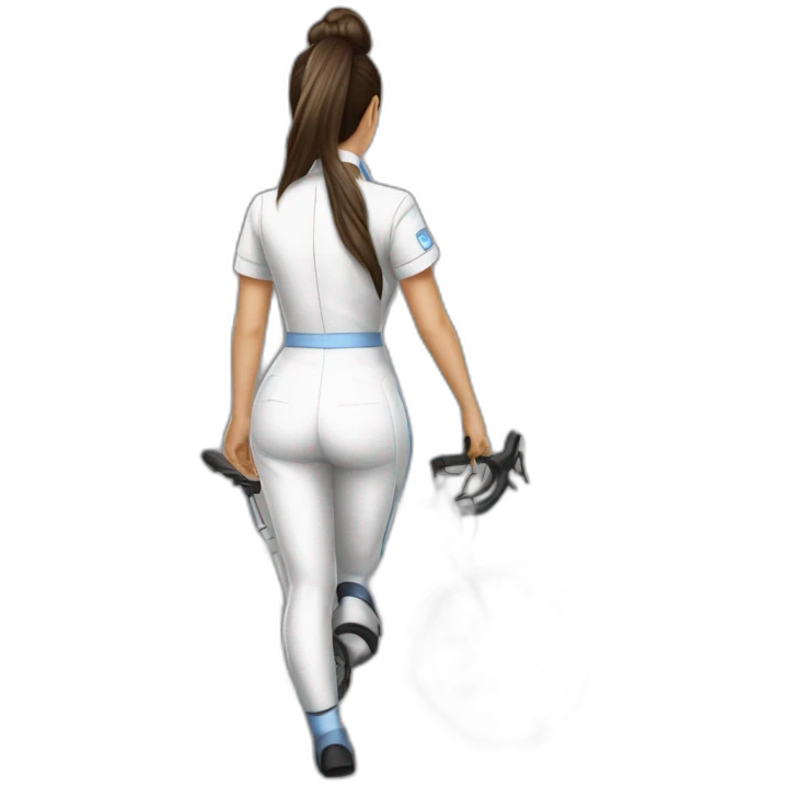hyper-realistig drawing brunette norse ponytail nurse in tight uniform perfect bum ridikg bike behind view emoji