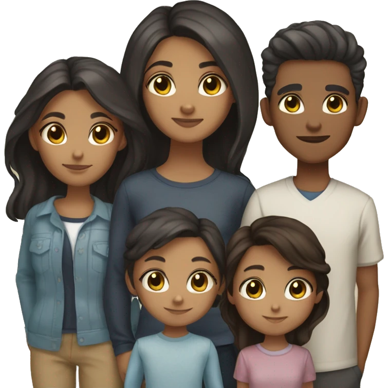 Family of 7, 4 girl dark hair dark eyes caramel skin, 1 girl dark hair dark eyes light skin, 1 boy dark hair dark eyes light skin, 1 girl dark brown hair light brown eyes white skin emoji
