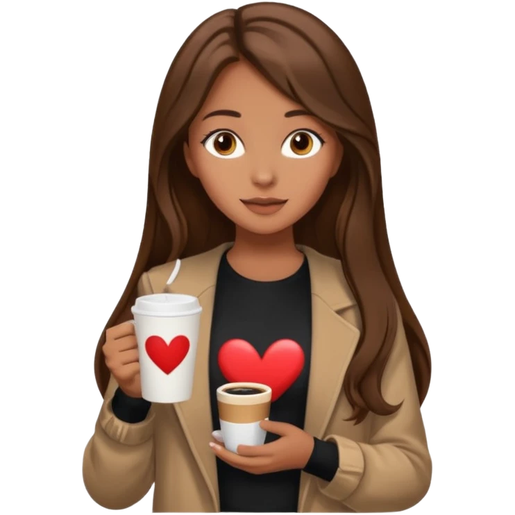Un emoji de una chica con el pelo castaño y largo y suelto así como vestida como una that Girl y un café con dibujo de corazón y una cama aesthetic modo vida perfecta emoji