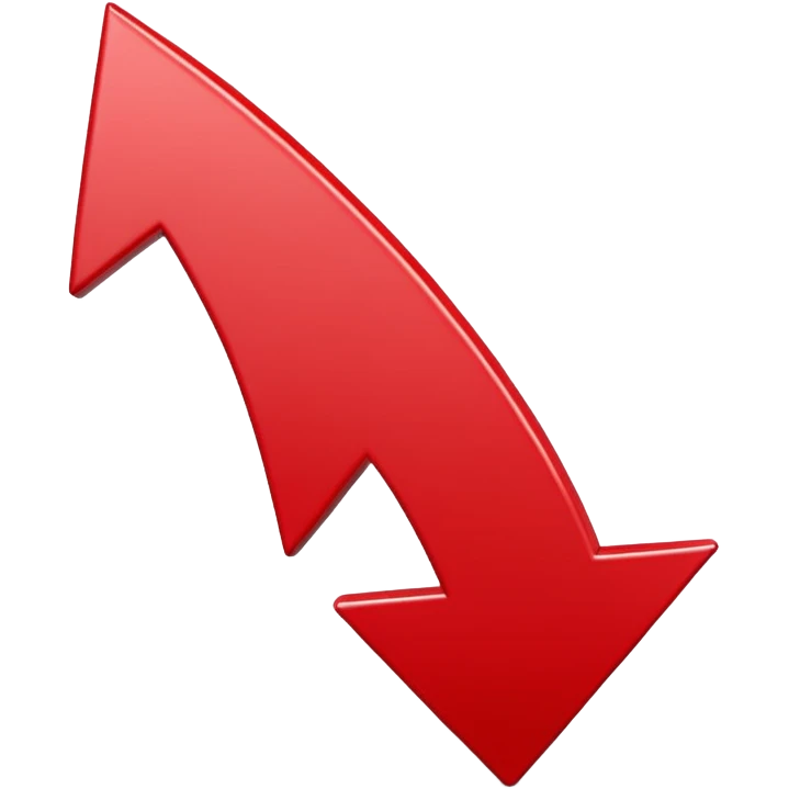iOS-style 3D emoji: upward-pointing arrow with a zigzag line chart shape, glossy red surface, thick beveled edges, soft shadow, no text, no face emoji