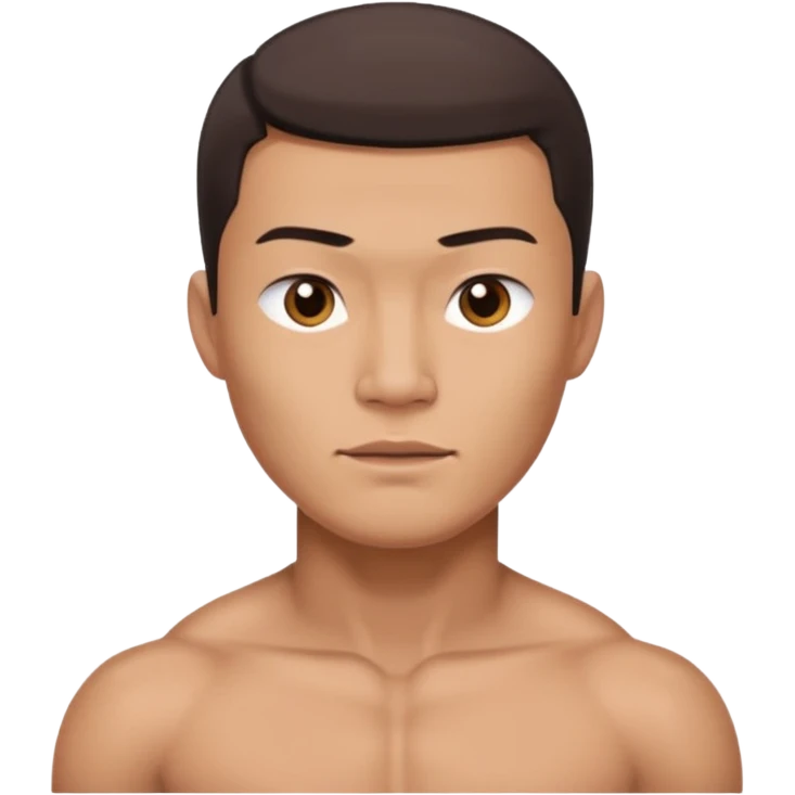 A standing buff shirtless asian guy with a really square jawline. Make his jawline extremely square and exaggerated. Also give him a middle part haircut. Give him a block square head emoji