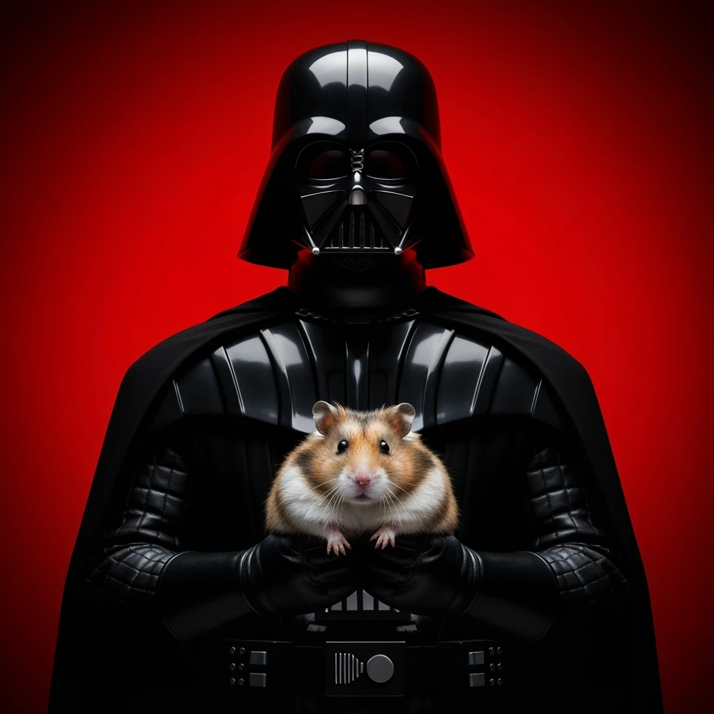 Extreme Closeup Photo of a darth vader holding big hamster, low key light, red solid background with leading lines, back light, spot light emoji