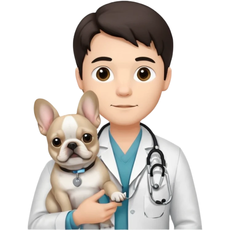 joven médico con el pelo un poco largo pero no tanto y lacio, que tenga un estetoscopio de color de tez negra que sostiene un bulldog francés blanco emoji