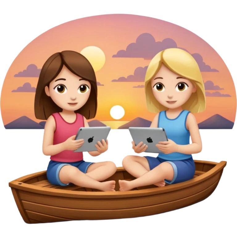 Girls sitting on a boat watching iPad at sunset emoji