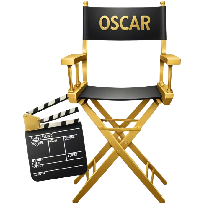 Icon for Directing: professional collage with director's chair, a film slate, a megaphone and an Oscar statuette. The icon should represent the creative and leadership aspects of directing, with focus on film and theater production. Transparent background. emoji