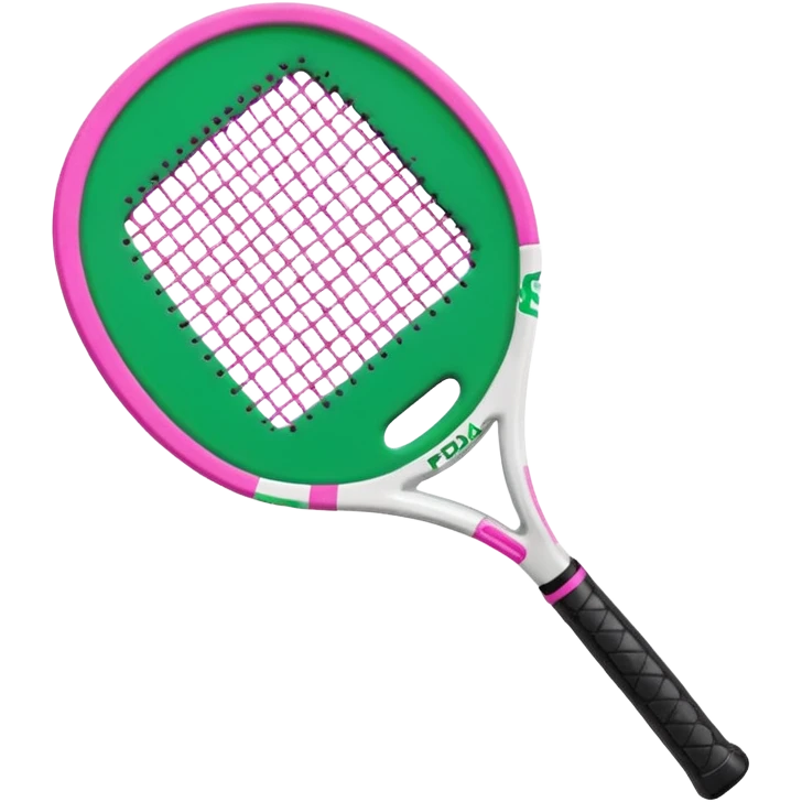 green padel racquet
with white frame
black grip
with a pink "p" in the middle
"padel in action academy" in white on top emoji
