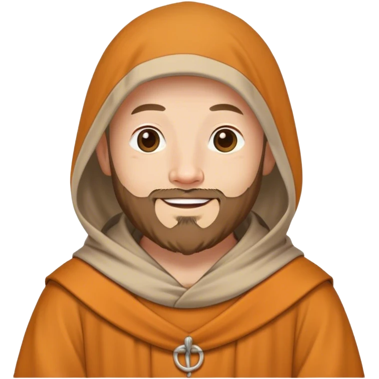 a happy monk with a 3 day beard and short hair, wearing a hooded tunic emoji