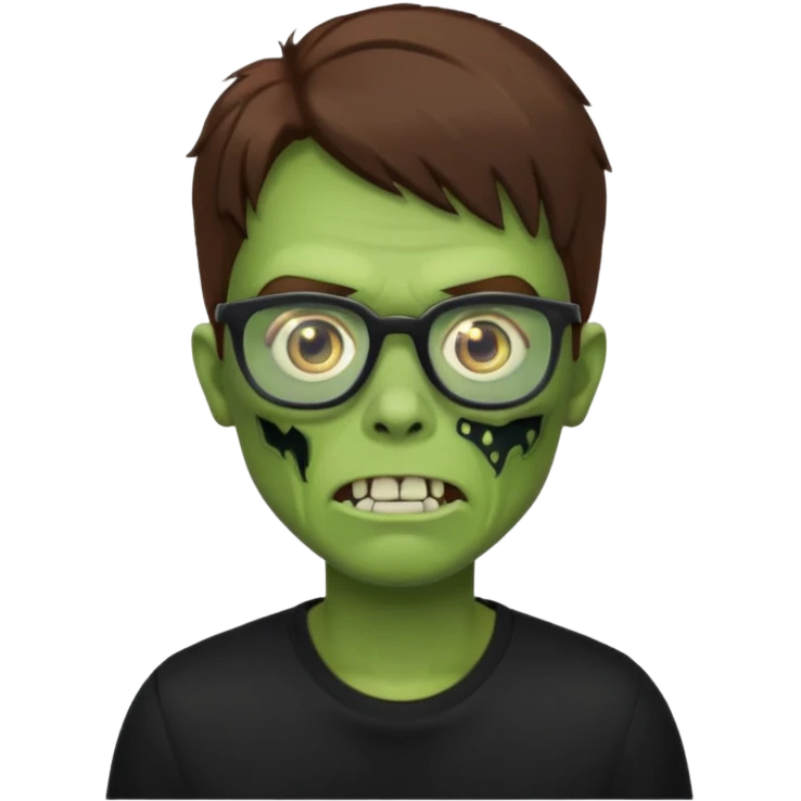 Green zombie, brown hair, black glasses, black shirt. iOS style. emoji