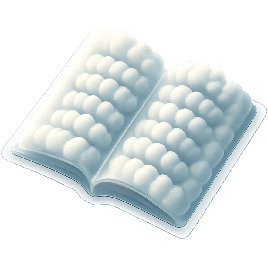 top view of a thick open book made entirely of small, very bright white fluffy convex clouds, matte glass style emoji