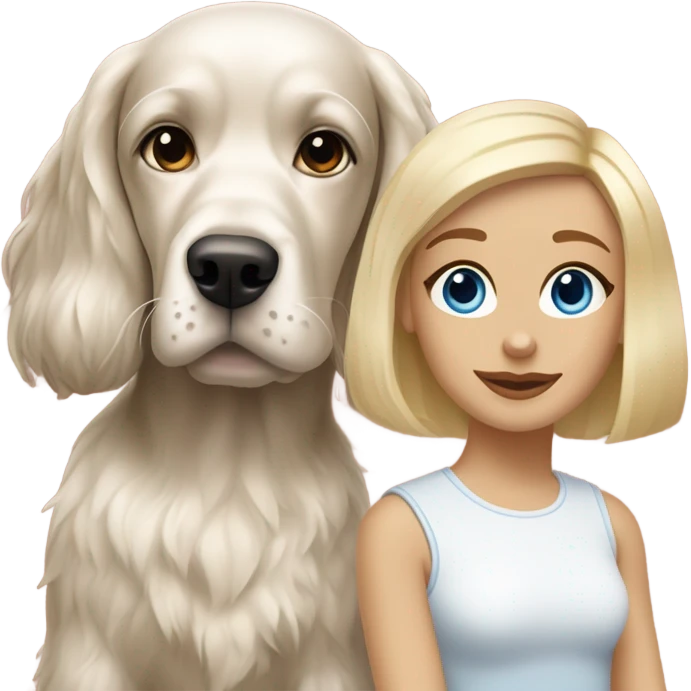 brunette girl short hair blue eyes  with blonde cocker spaniel emoji