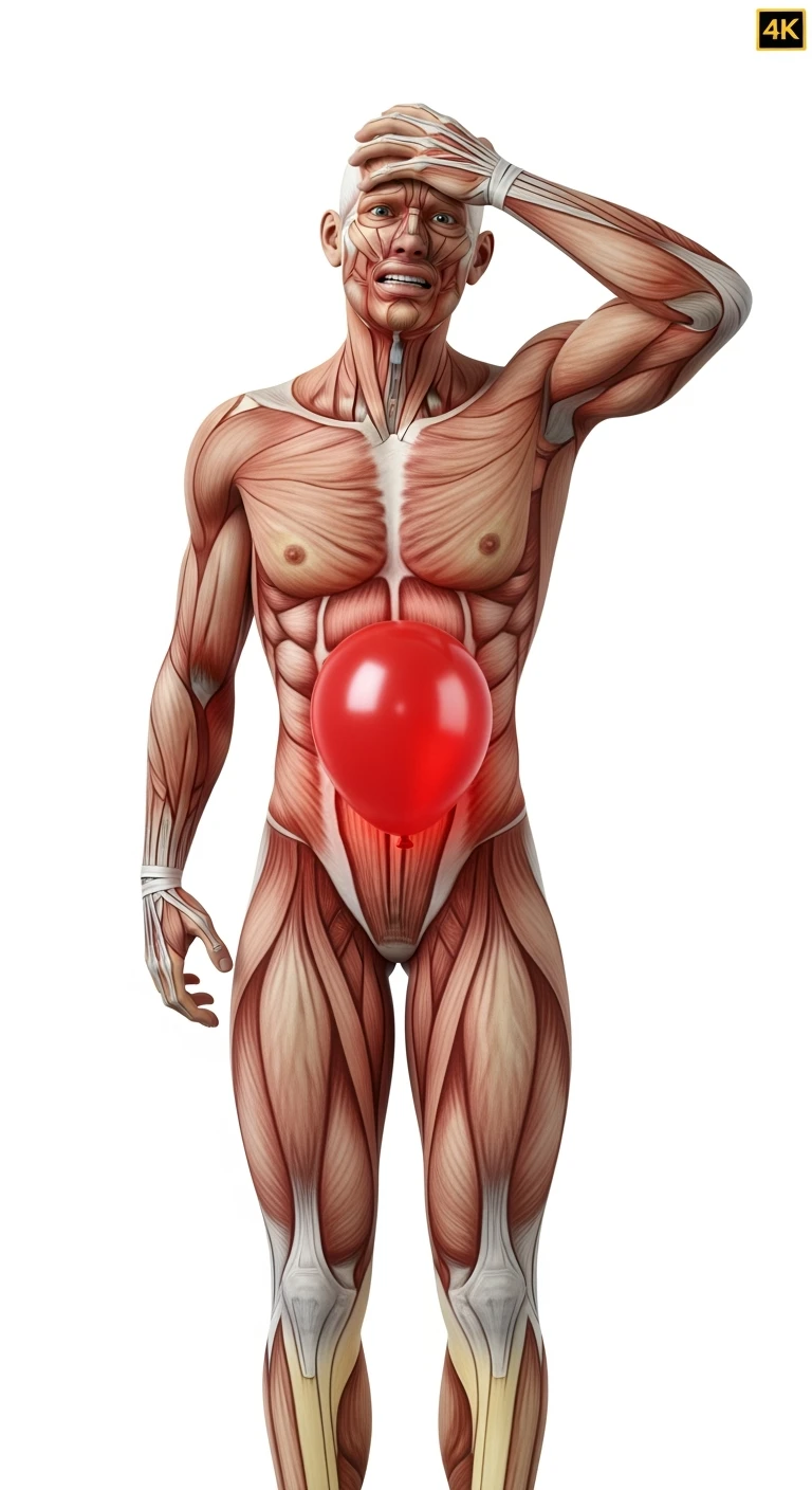 corpo umano anatomico realistico in posa frontale con spina dorsale anatomica in evidenza e palloncino rosso sulla pancia, si tiene una mano sulla fronte disperata per la pancia gonfia, iperrealistica 4k, isolato su sfondo bianco emoji