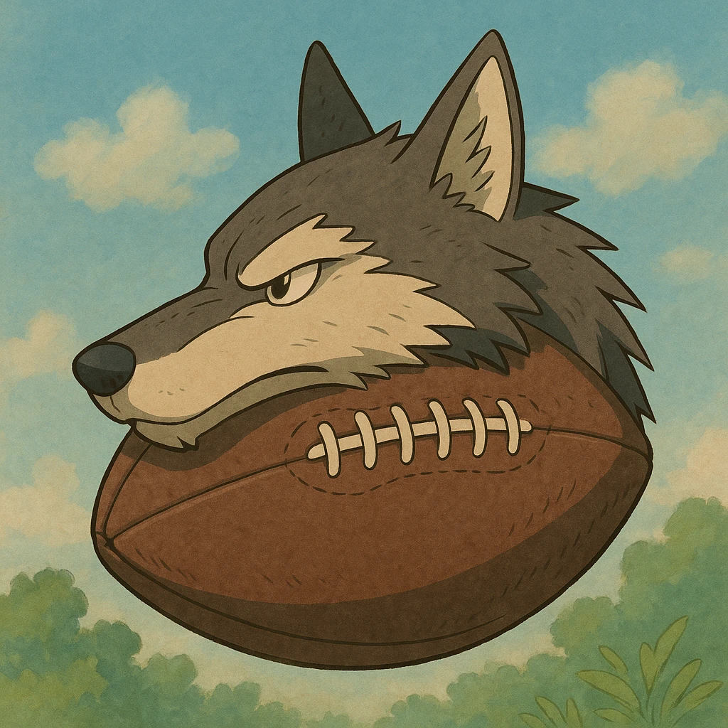 ghibli style NFL football shaped like a wolf head emoji