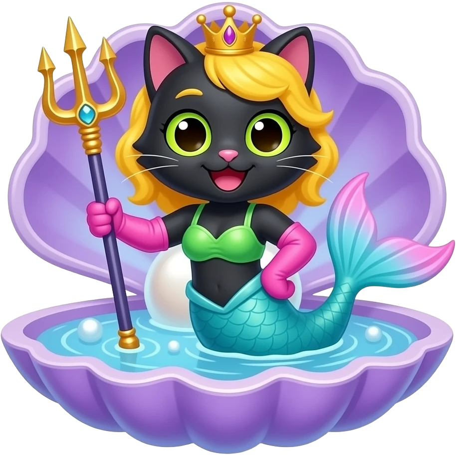 black anthro cat  happy light blue  mermaid tail with pink fins and long pink gloves  yellow hair crown green swimsuit sitting on an open purple clam holding a trident artistic creation, beautiful art emoji