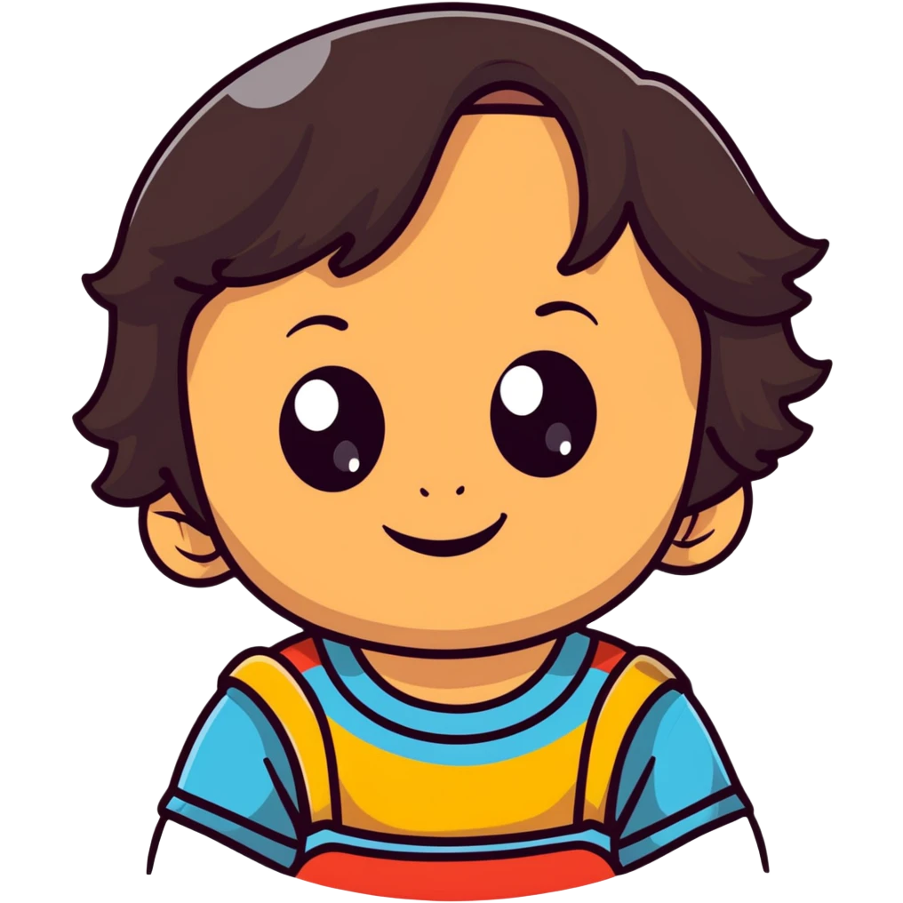 close-up of round smiling toddler face only with big eyes, medium skin tone, dark wavy hair, no neck visible, just the face emoji