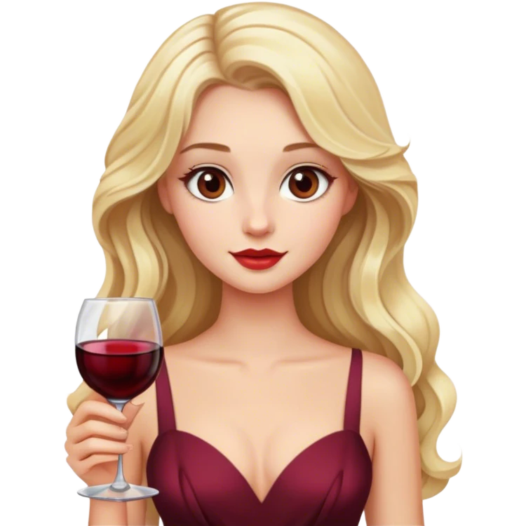 Blonde model with brown eyes, long wavy hair, wine tasting emoji