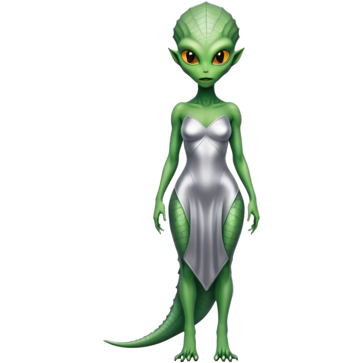 Green Alien reptilian woman in silver dress, full figure, yellow eyes emoji
