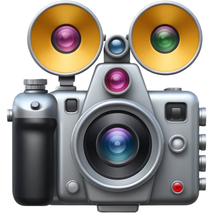 Minimal emoji icon of a huge cinematic metalic camera, front view, realistic lens, no gold emoji