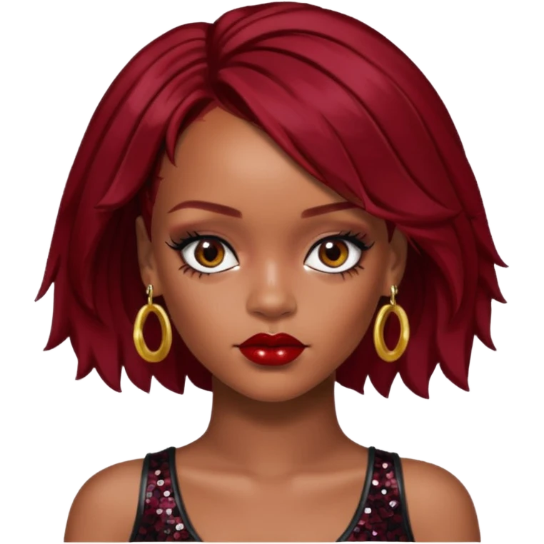 Rihanna with dark red hair, black sequin crop top, hazel eye emoji