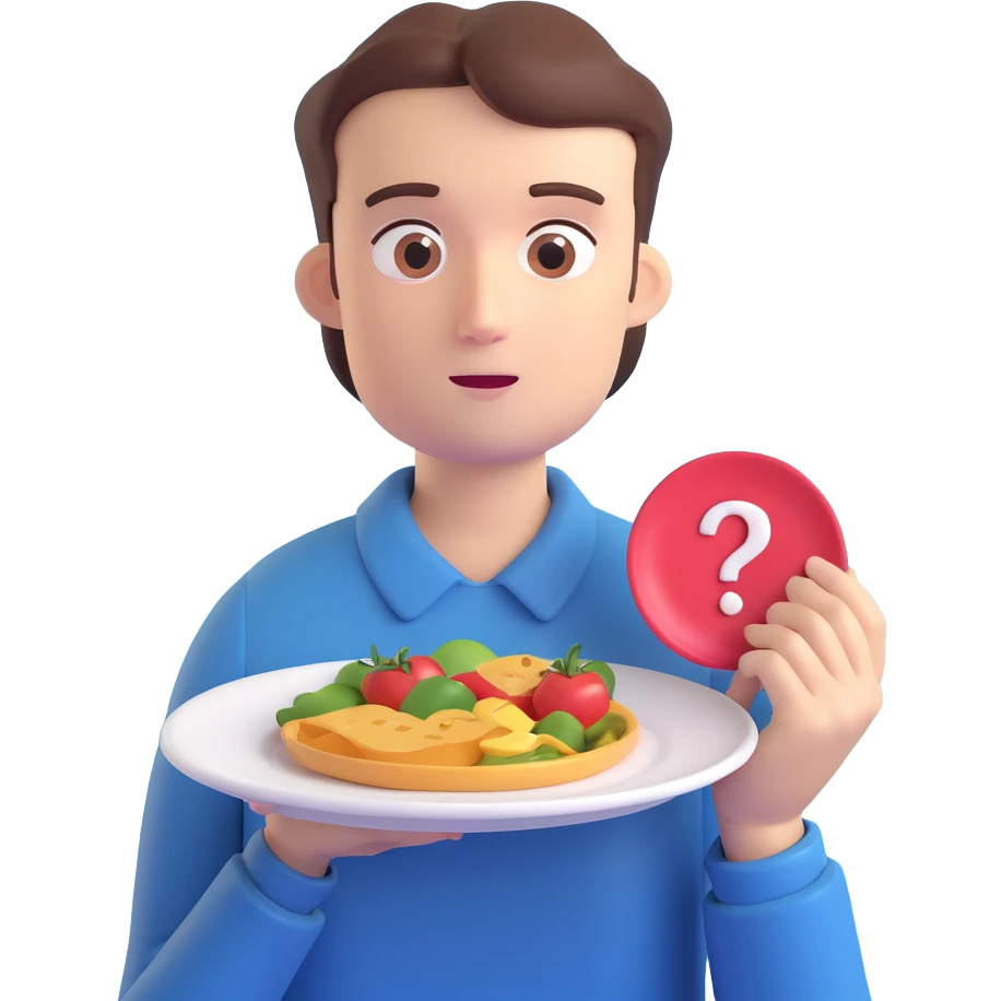 a person with a food plate, looking at it with doubt, question mark above head, no background emoji