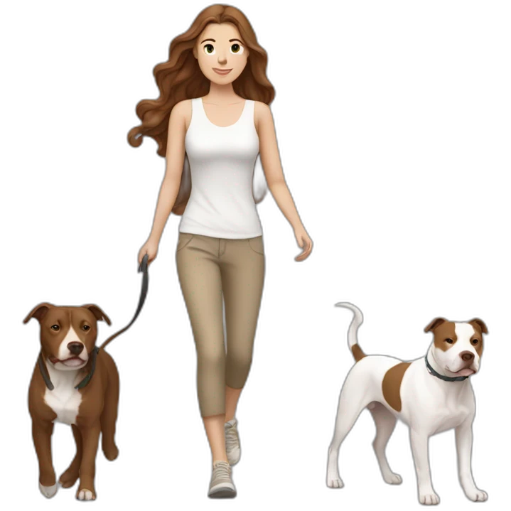 White woman with long wavy brown hair walking tan and white pitbull emoji
