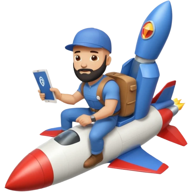Bald muscular guy with beard and backwards cap, riding rocket, holding Instagram logo, papers trailing behind, minimal style emoji