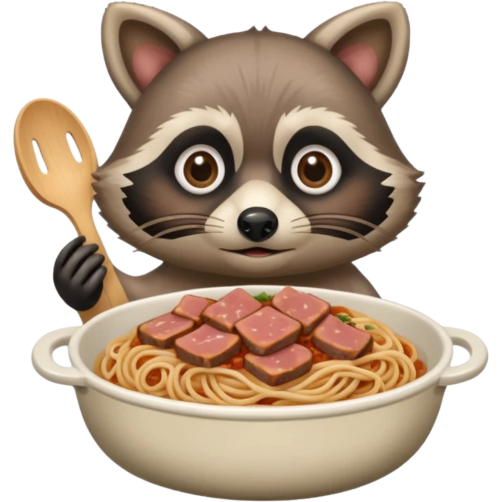 raccoon with SPAM meat and spaghetti slop emoji