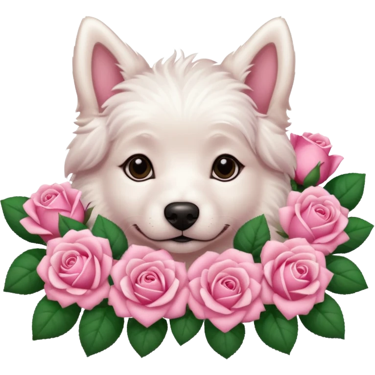 white dog laying on pink roses emoji