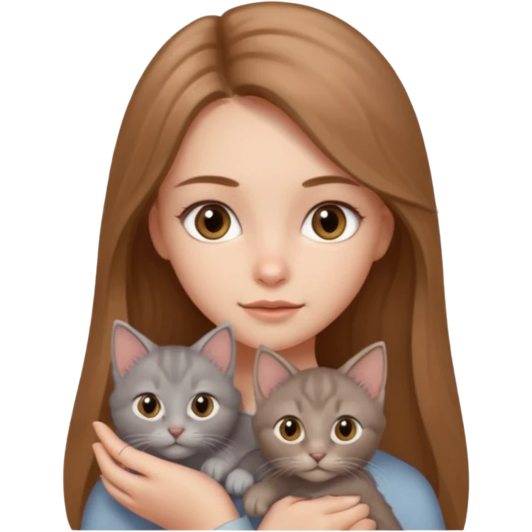 a light brown long hair with grey eyes girl and grey kitten emoji