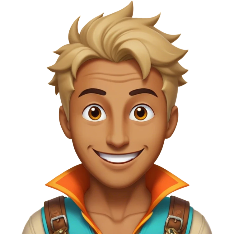 Cinematic Realistic Aladdin Portrait, head tilted dramatically with an exaggeratedly amused expression, featuring vibrant eyes and a slight, roguish grin. His detailed attire and subtle magical accents are brought to life with dynamic lighting and vivid textures, capturing a rare, playful burst of humor from a daring street-wise adventurer. emoji