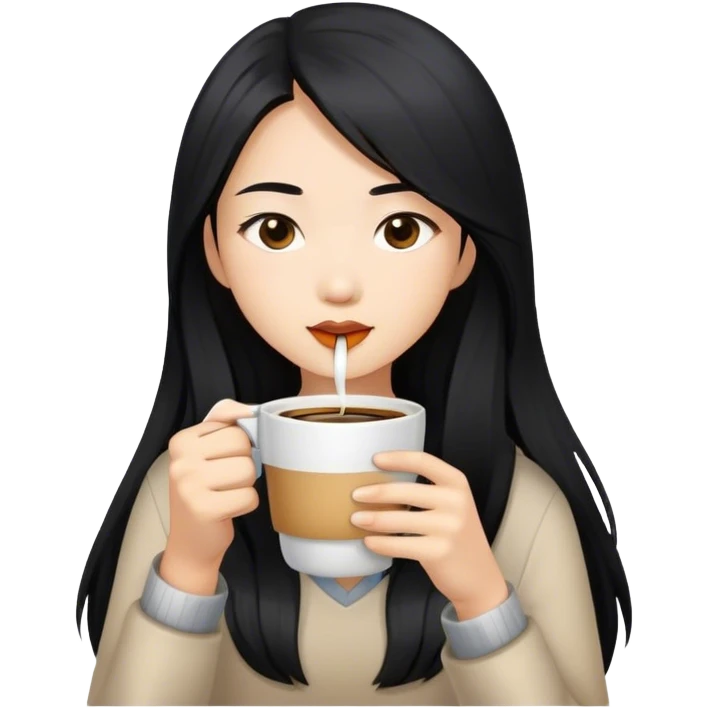 asian girl with black long hair drinking coffee emoji