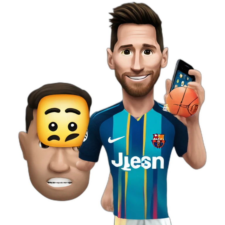 Messi con un telefono con una foto de cr7 emoji