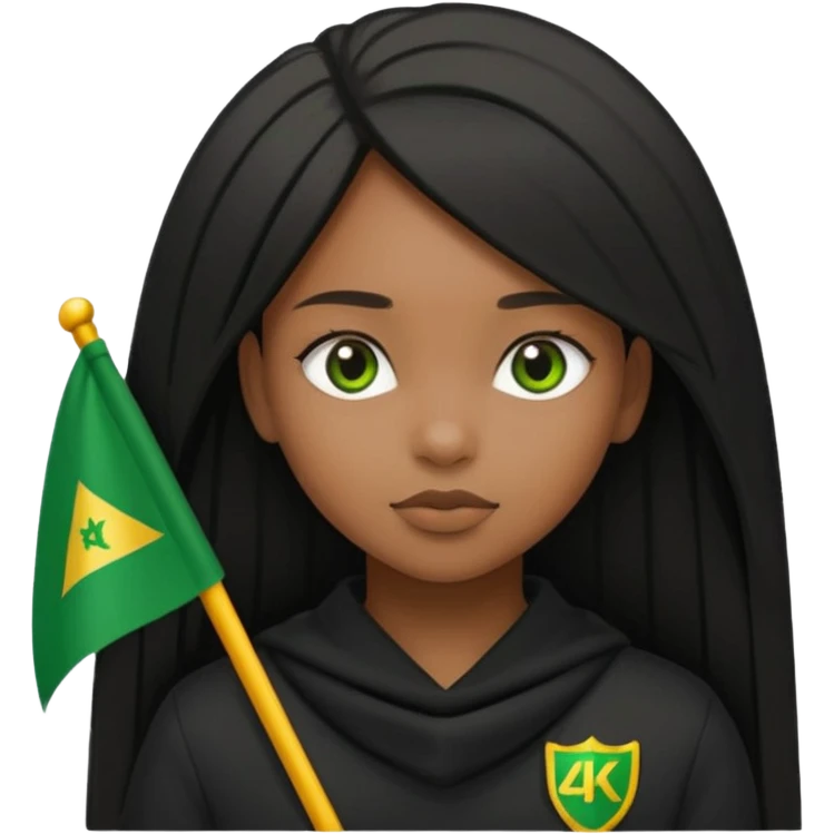 Black girl with straight hair with a green flag on her head that says 4kt on top of it with all black clothes on  emoji